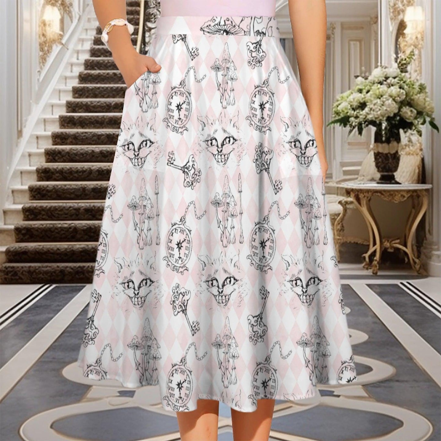Blush Butterfly Midi Skirt, Vintage Letter Floral Print, Romantic High Waist Style