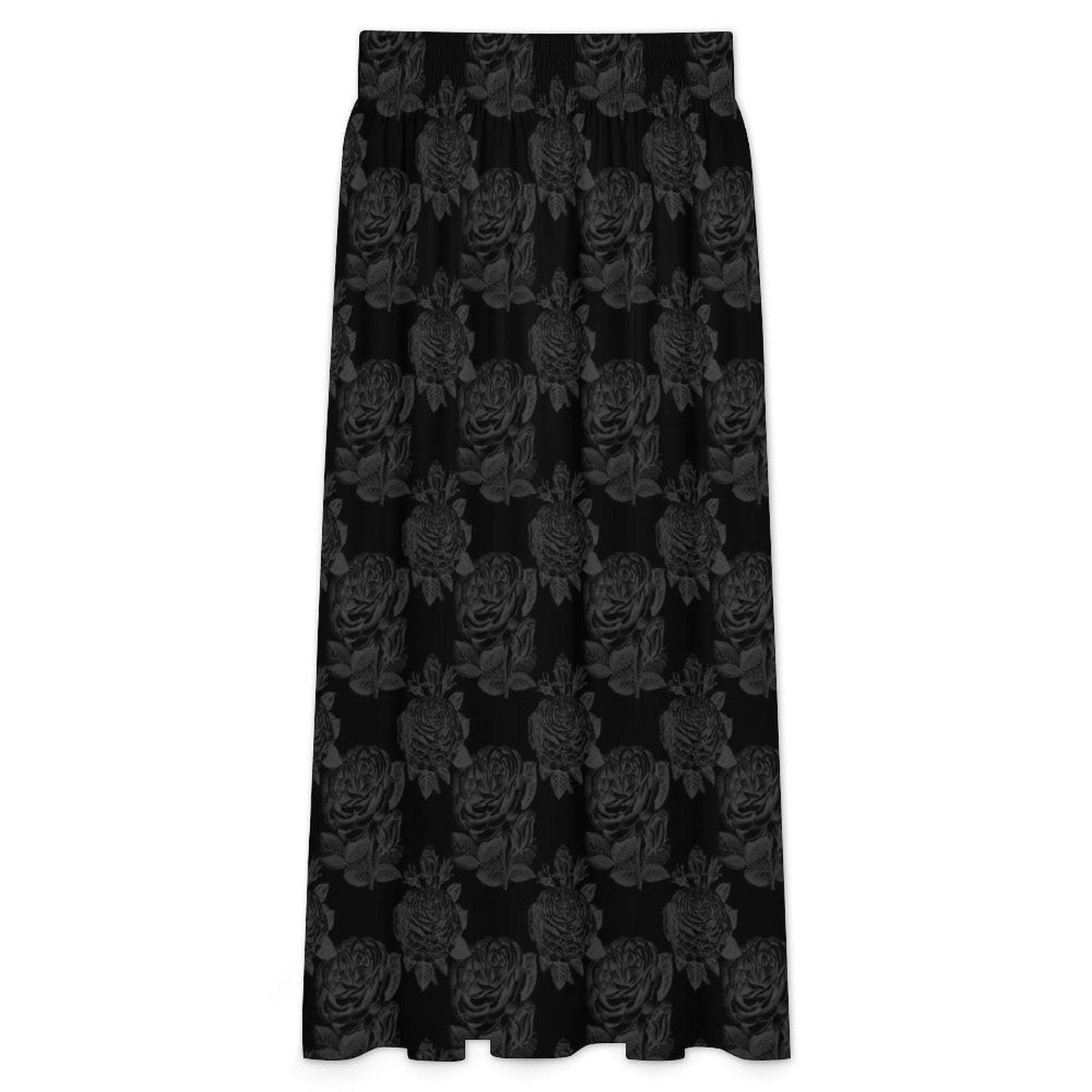 Black Rose Maxi Skirt, Dark Floral High Waist A-Line with Pockets