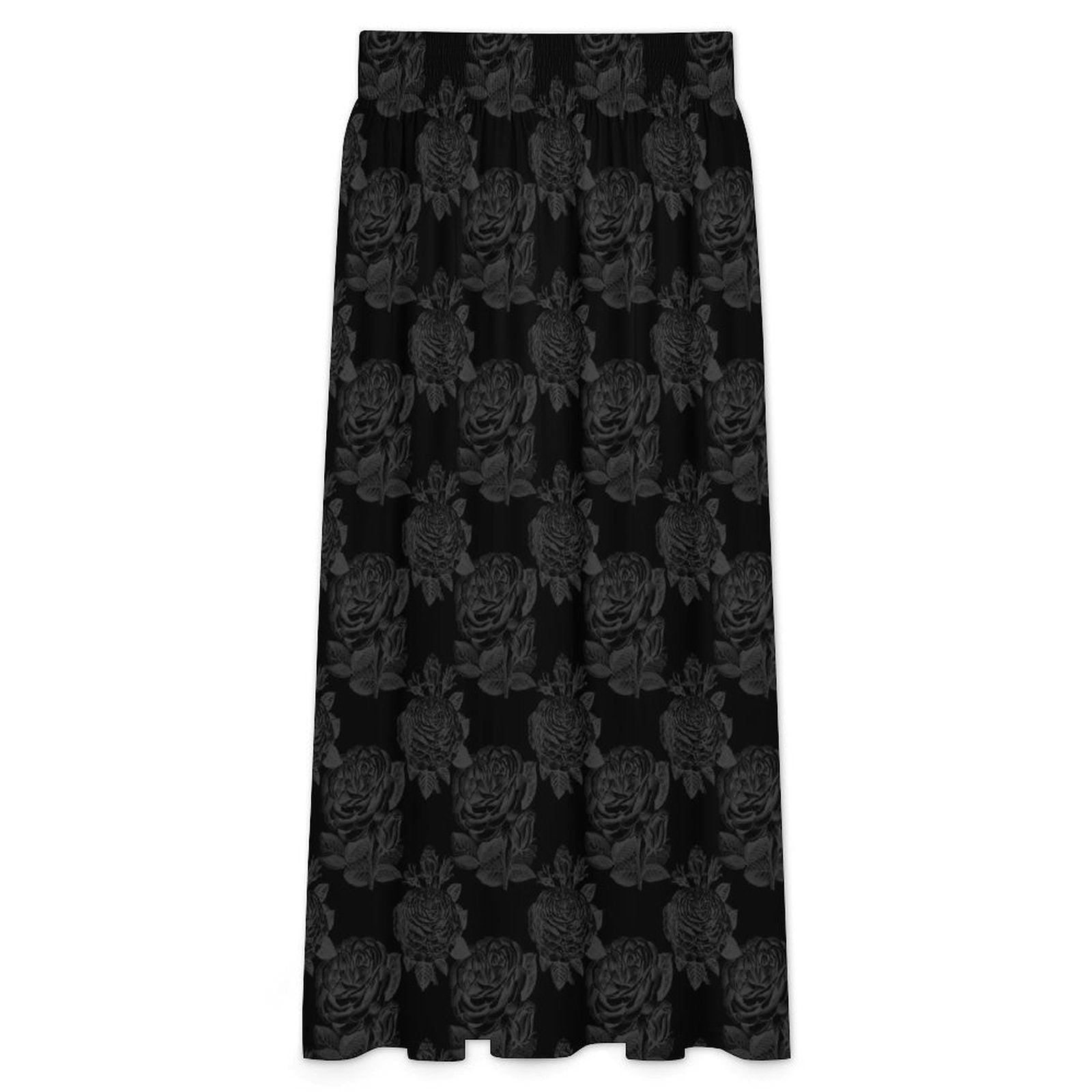 Black Rose Maxi Skirt, Dark Floral High Waist A-Line with Pockets