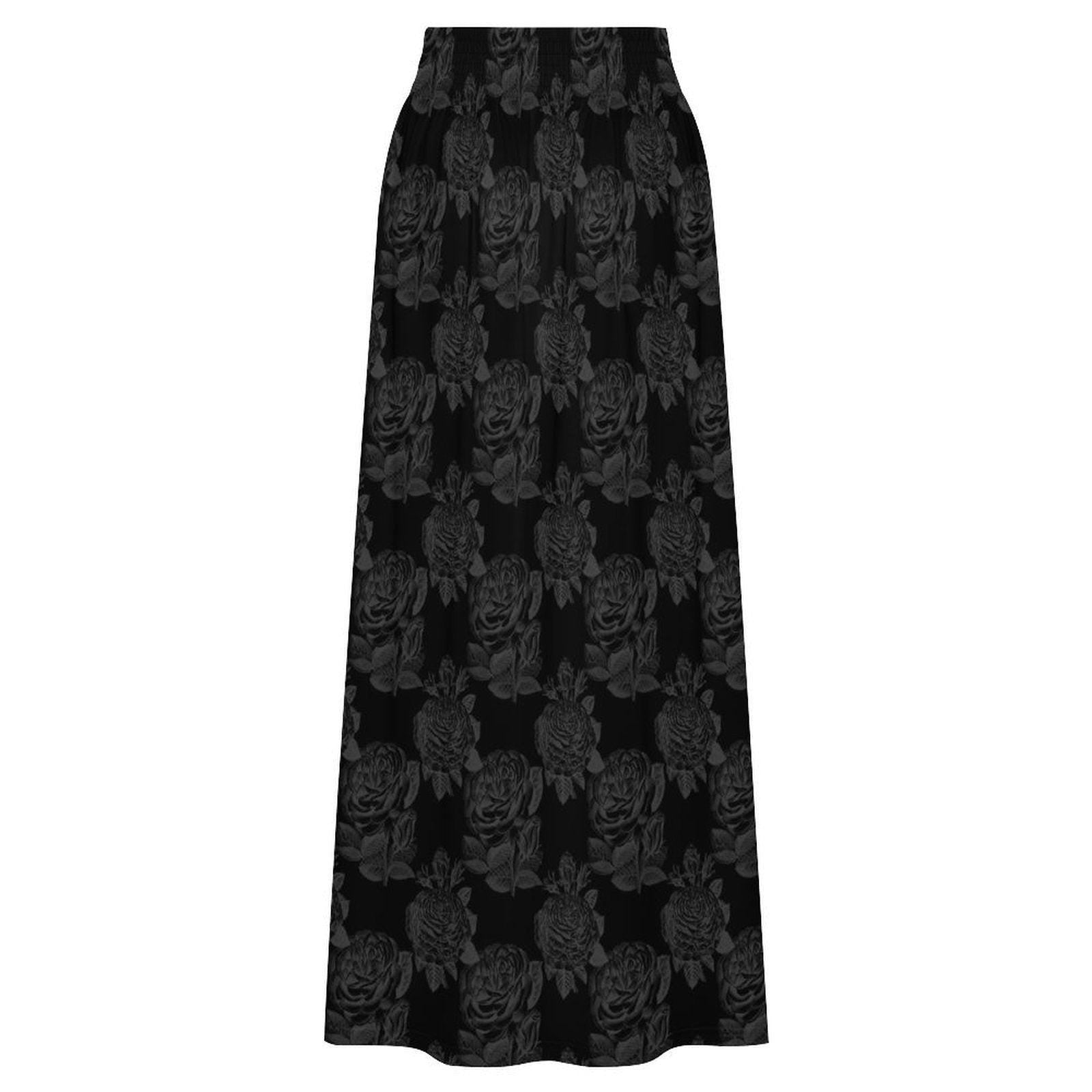 Black Rose Maxi Skirt, Dark Floral High Waist A-Line with Pockets