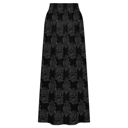 Black Rose Maxi Skirt, Dark Floral High Waist A-Line with Pockets