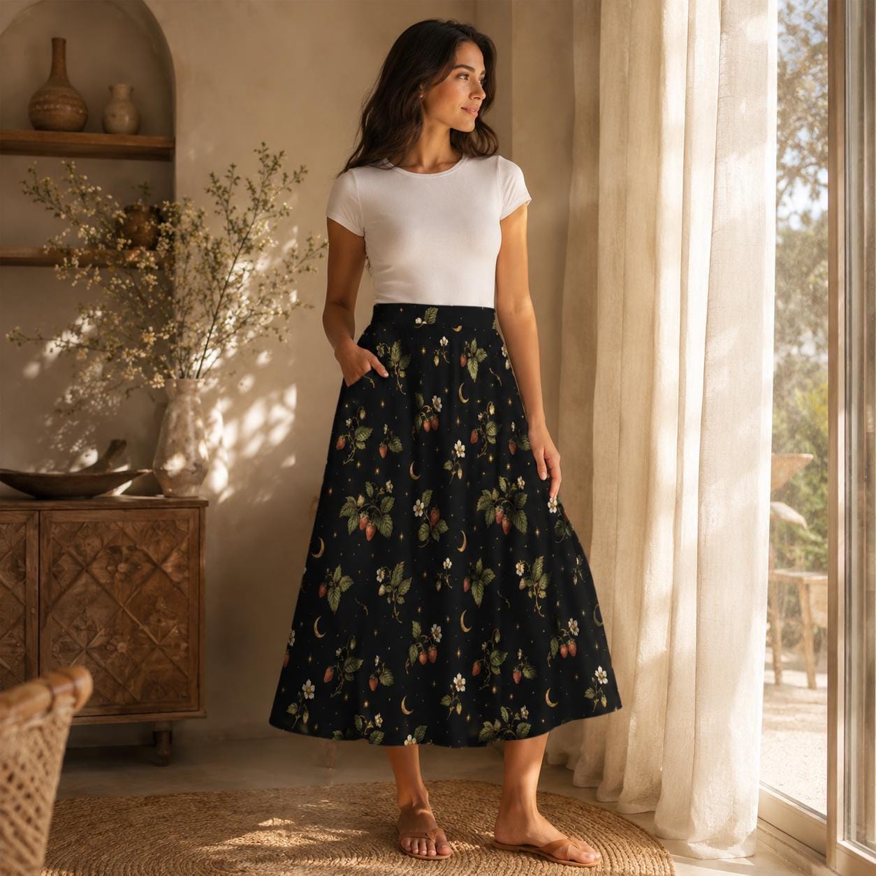 Botanical Moon Midi Skirt, Black Floral Garden A Line, Cottage Goth Nature Witch Wardrobe
