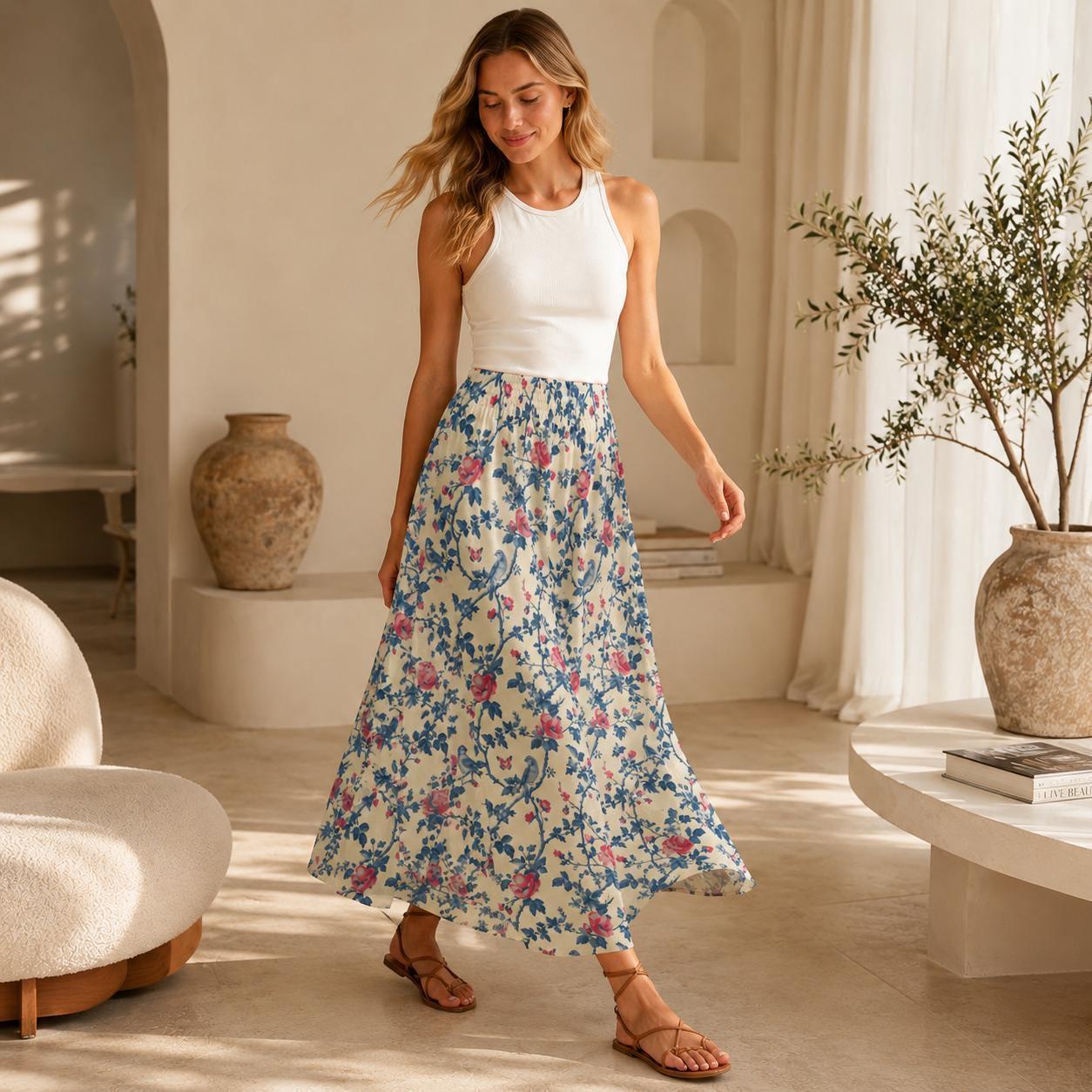Vintage Floral Maxi Skirt, Blue Bird Rose Garden Print, Cottagecore Styling