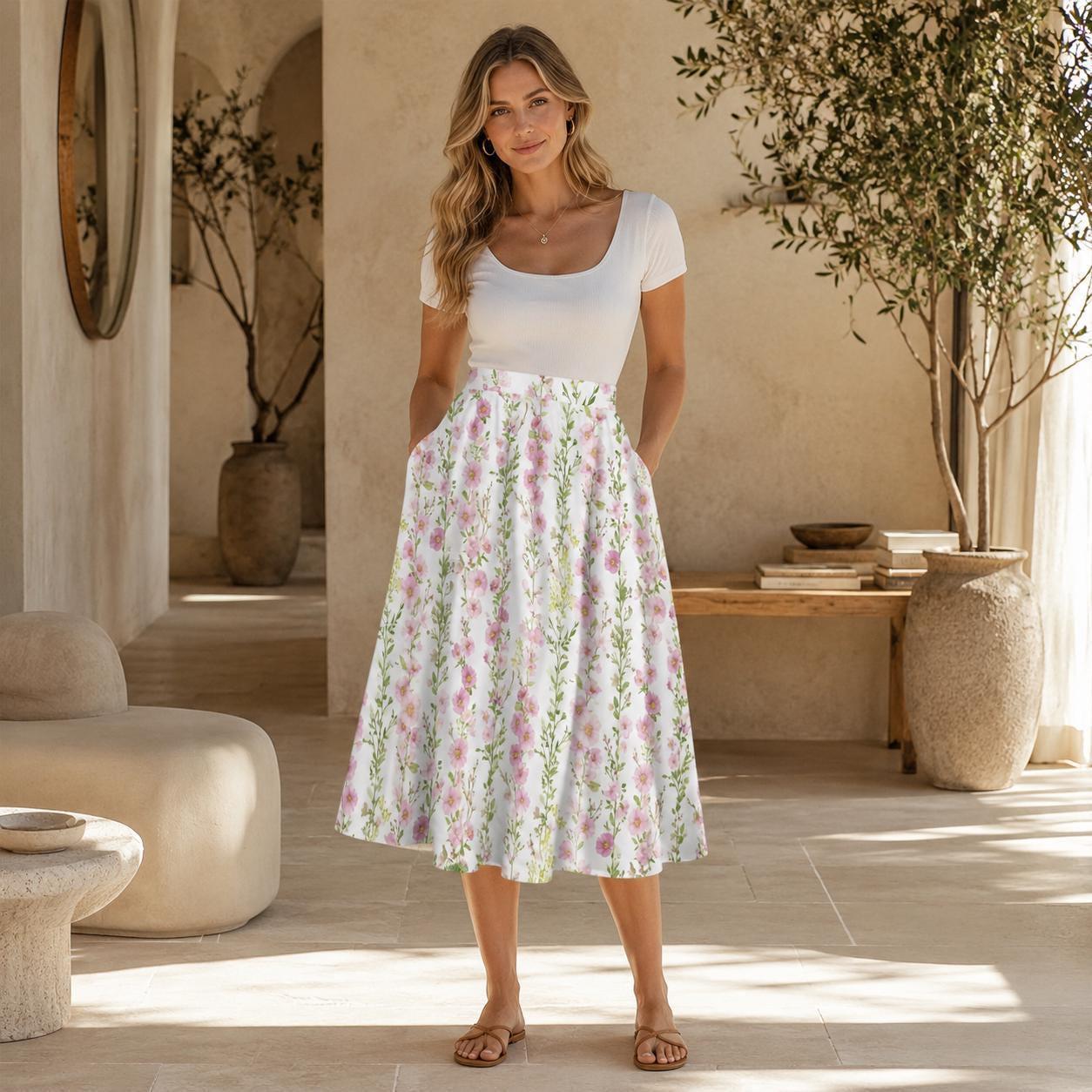 Pink Floral Midi Skirt, High Waist A-Line, Pockets, Cottage Garden Style