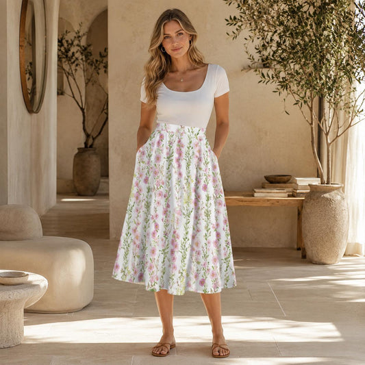 Pink Floral Midi Skirt, High Waist A-Line, Pockets, Cottage Garden Style