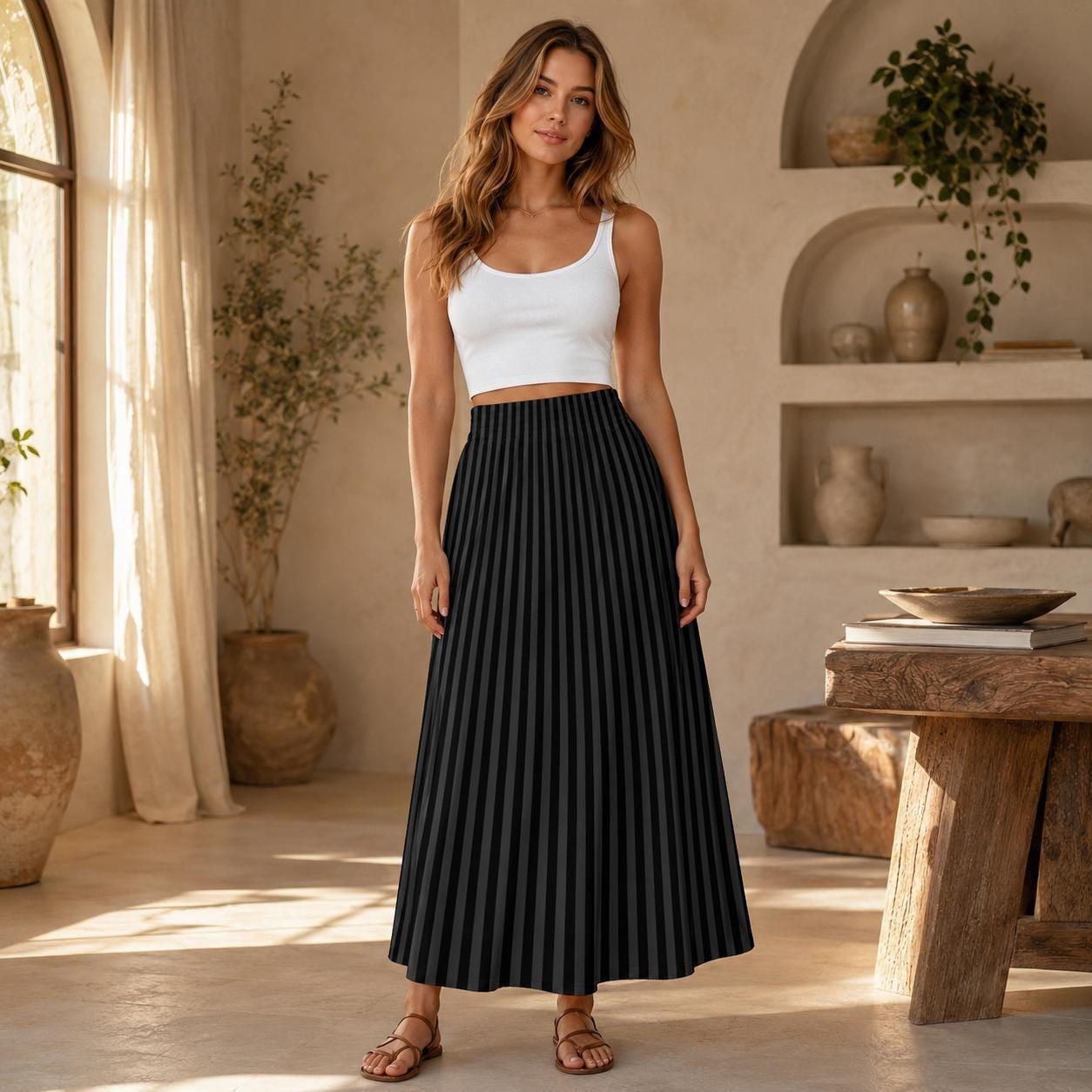 Black Striped Maxi Skirt, High Waist, Flowy Alternative Style