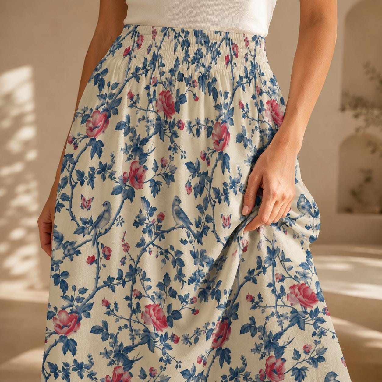 Vintage Floral Maxi Skirt, Blue Bird Rose Garden Print, Cottagecore Styling