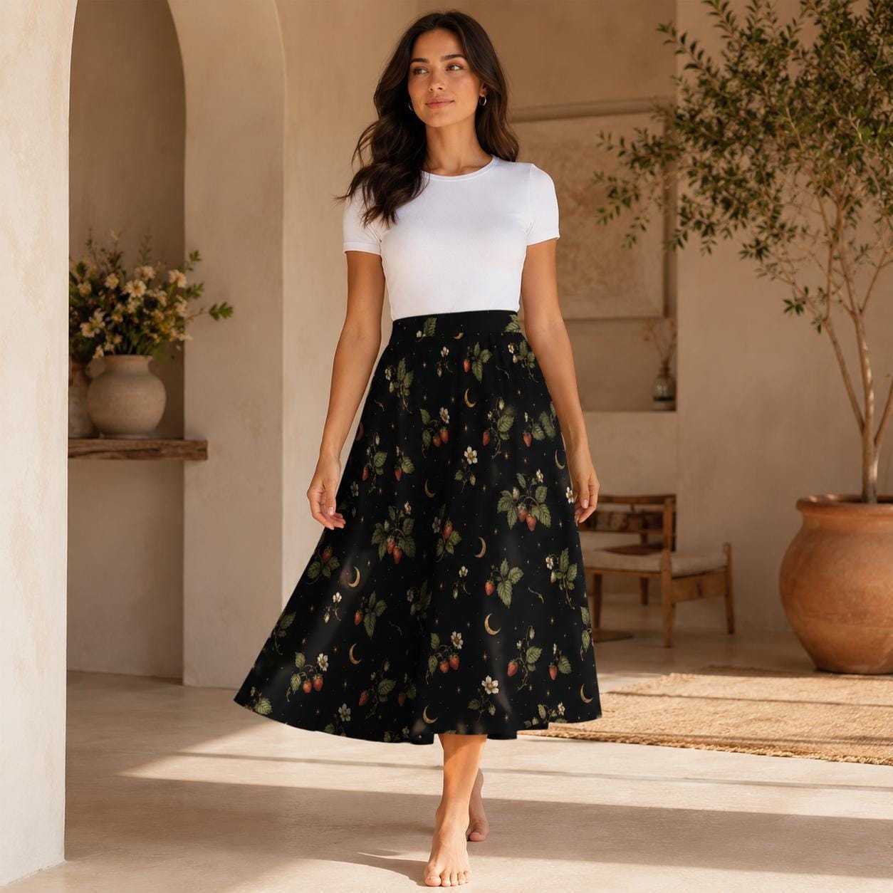 Botanical Moon Midi Skirt, Black Floral Garden A Line, Cottage Goth Nature Witch Wardrobe