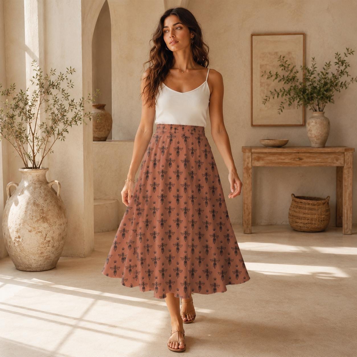 Queen Bee Midi Skirt, Terracotta A-Line, High Waist with Pockets, Cottagecore Style