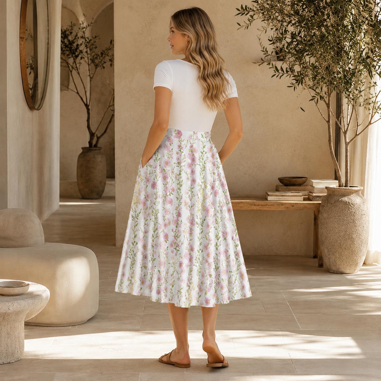 Pink Floral Midi Skirt, High Waist A-Line, Pockets, Cottage Garden Style
