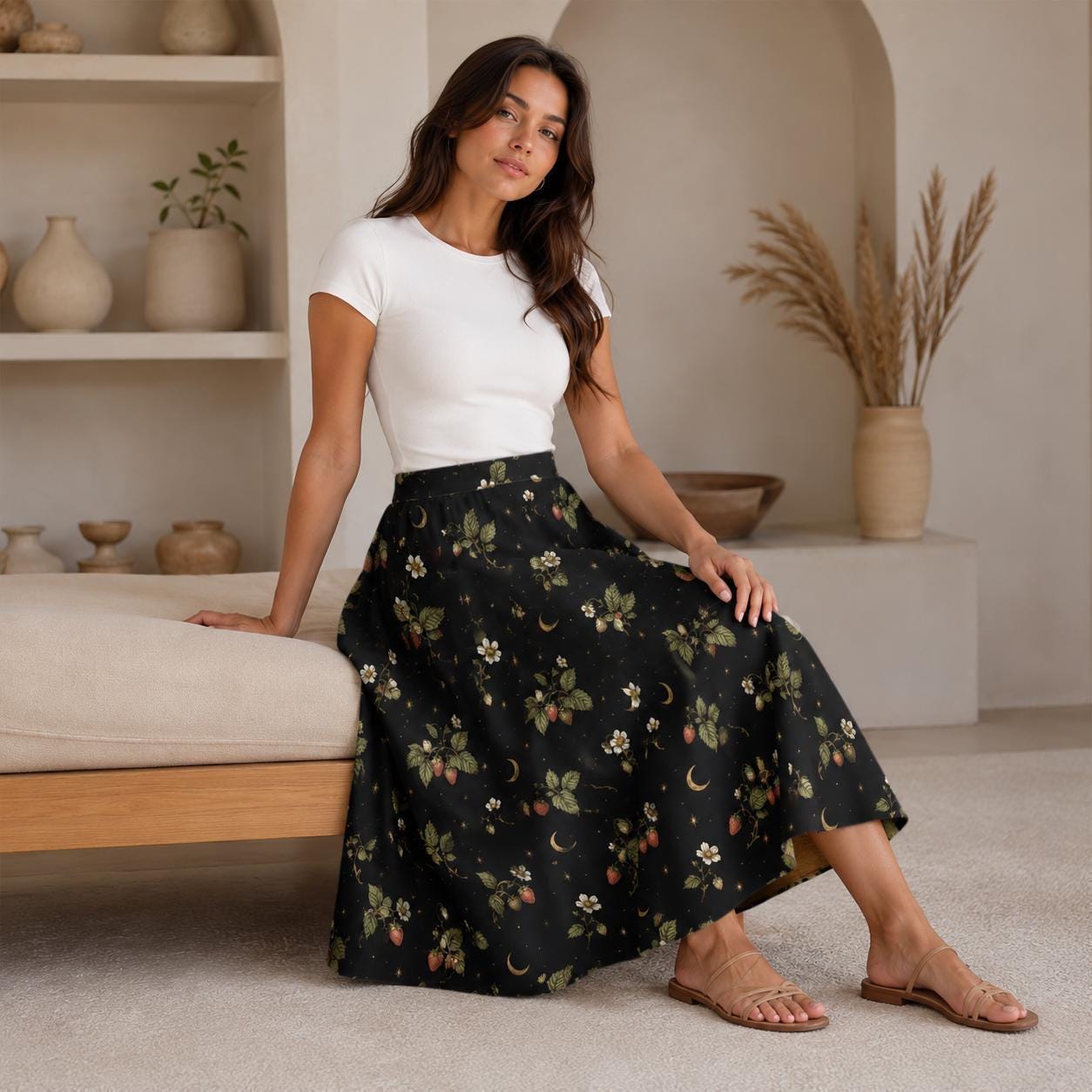 Botanical Moon Midi Skirt, Black Floral Garden A Line, Cottage Goth Nature Witch Wardrobe