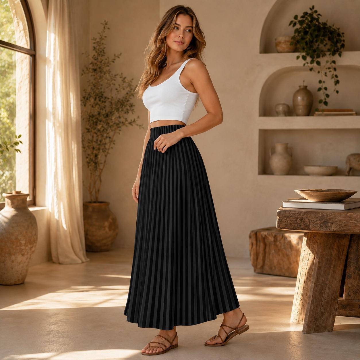 Black Striped Maxi Skirt, High Waist, Flowy Alternative Style