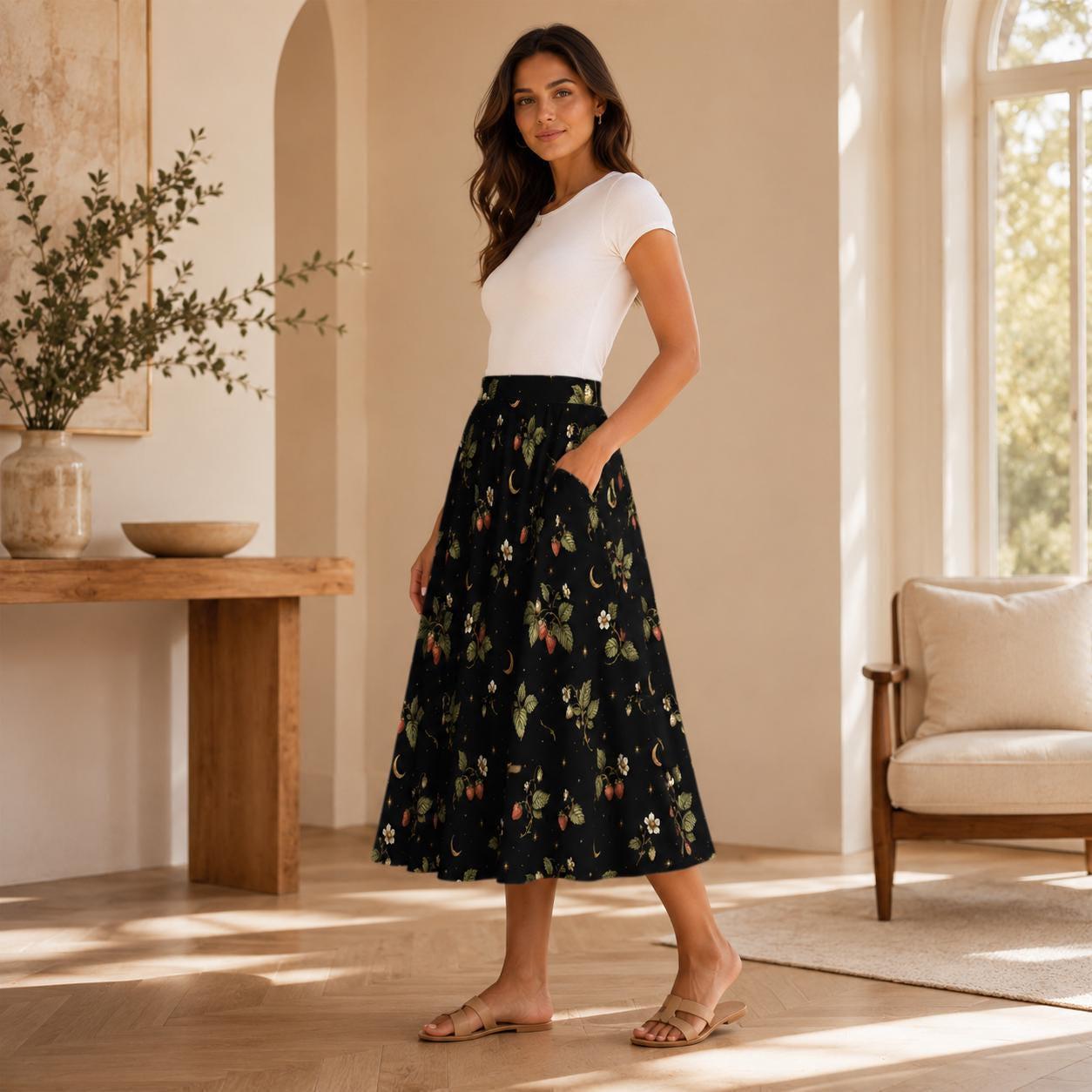 Botanical Moon Midi Skirt, Black Floral Garden A Line, Cottage Goth Nature Witch Wardrobe