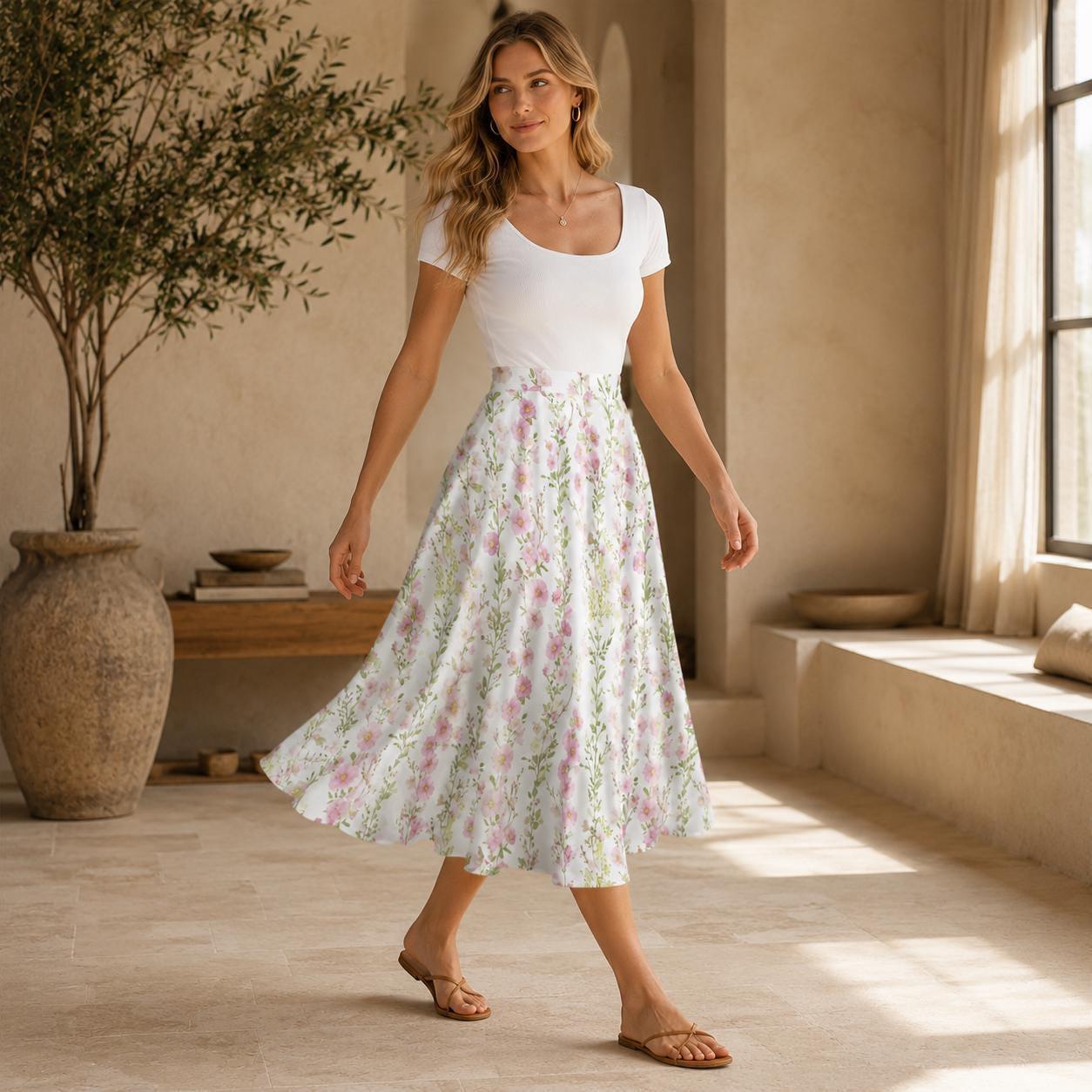 Pink Floral Midi Skirt, High Waist A-Line, Pockets, Cottage Garden Style