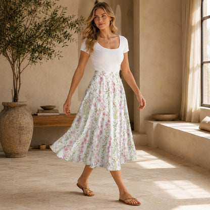 Pink Floral Midi Skirt, High Waist A-Line, Pockets, Cottage Garden Style