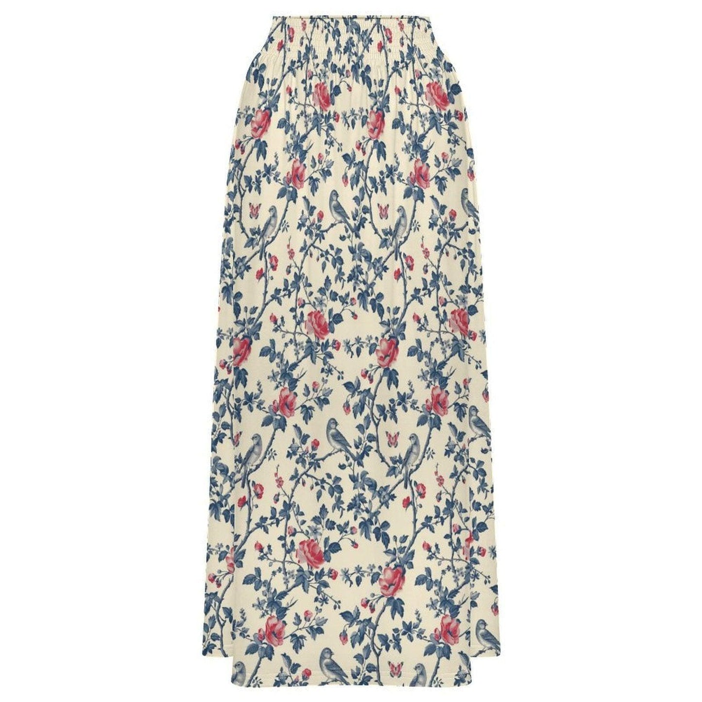 Vintage Floral Maxi Skirt, Blue Bird Rose Garden Print, Cottagecore Styling