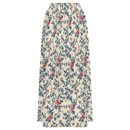 Vintage Floral Maxi Skirt, Blue Bird Rose Garden Print, Cottagecore Styling