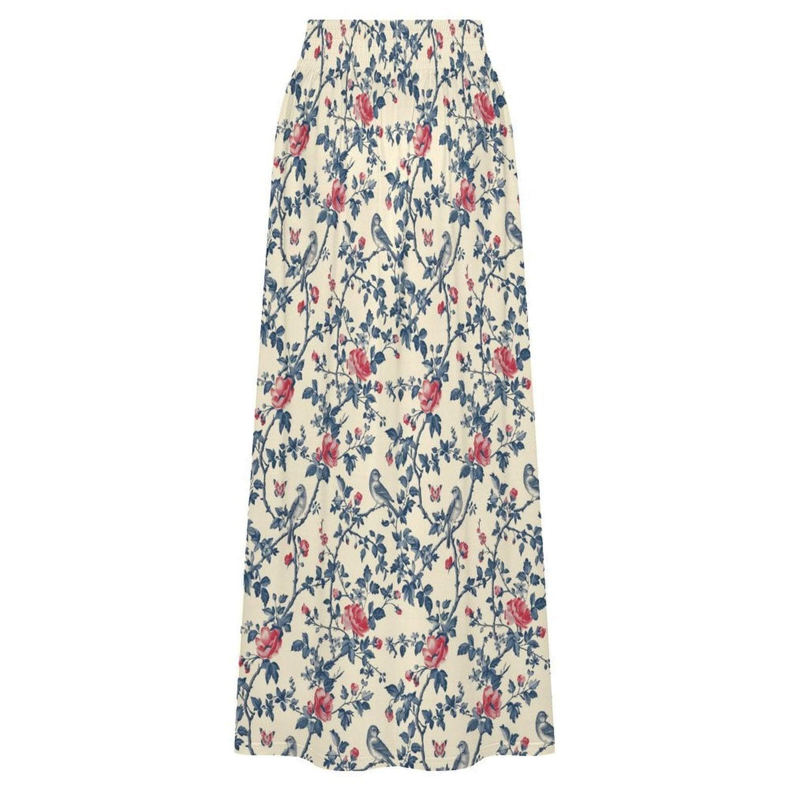 Vintage Floral Maxi Skirt, Blue Bird Rose Garden Print, Cottagecore Styling