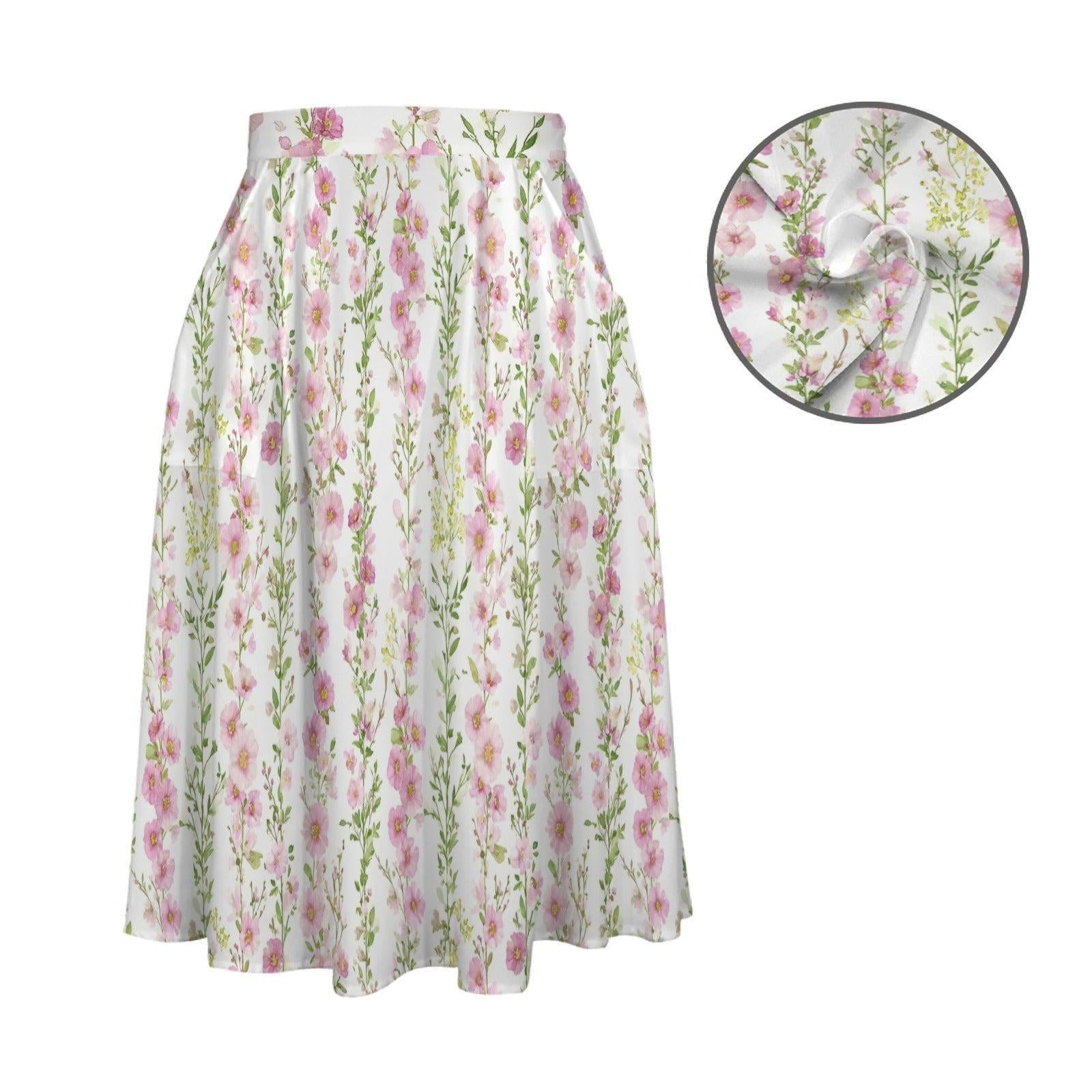 Pink Floral Midi Skirt, High Waist A-Line, Pockets, Cottage Garden Style