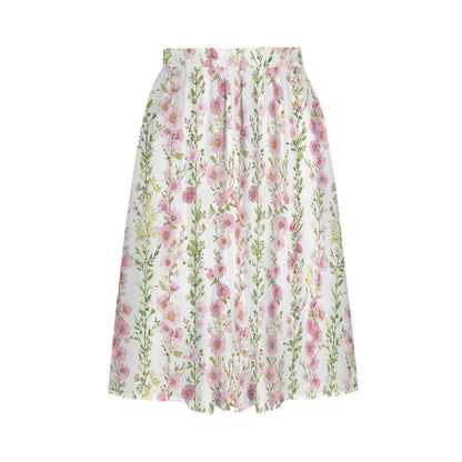 Pink Floral Midi Skirt, High Waist A-Line, Pockets, Cottage Garden Style