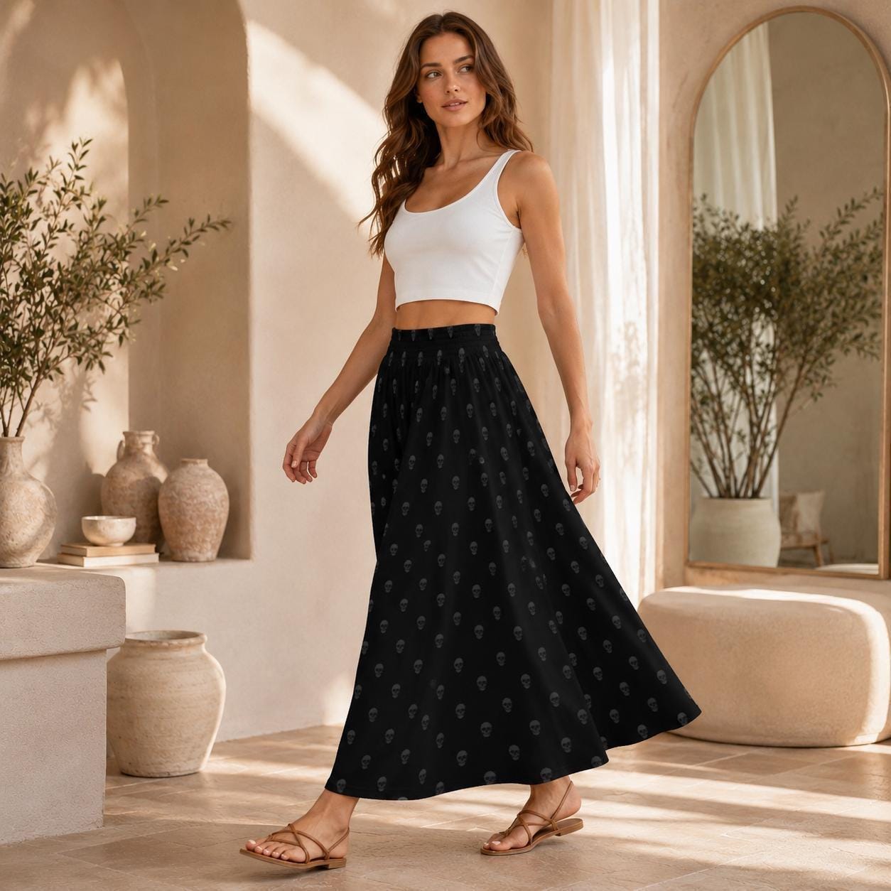 Black Skull Print Maxi Skirt, Tone-on-Tone Gothic A-Line Flowy Everyday Skirt