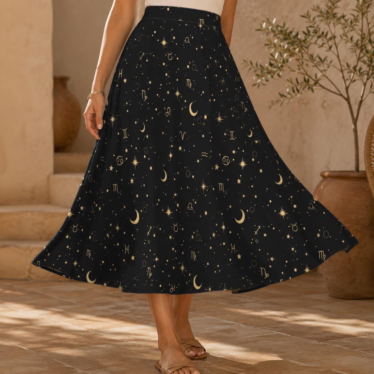 Celestial Midi Skirt, Black Zodiac Moon Star Print, High Waist A Line with Pockets