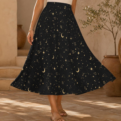 Celestial Midi Skirt, Black Zodiac Moon Star Print, High Waist A Line with Pockets