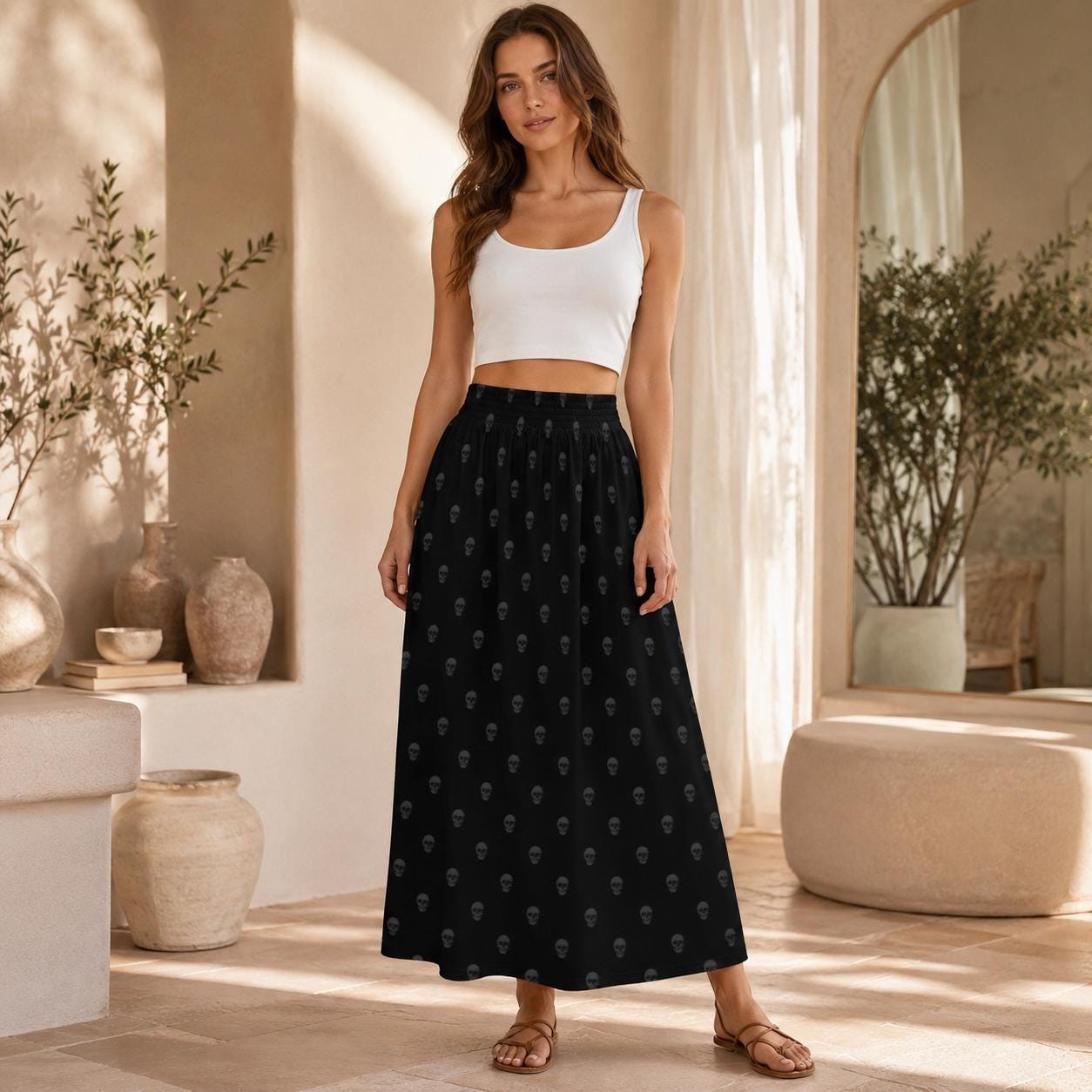 Black Skull Print Maxi Skirt, Tone-on-Tone Gothic A-Line Flowy Everyday Skirt