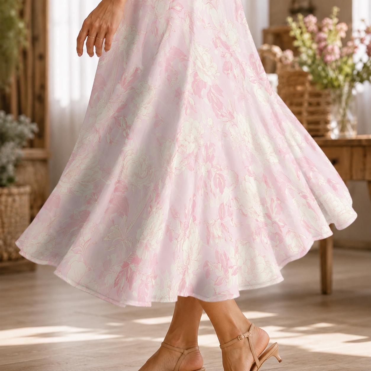 Pink Floral Midi Skirt, Watercolor High Waist A Line, Coquette Style with Pockets