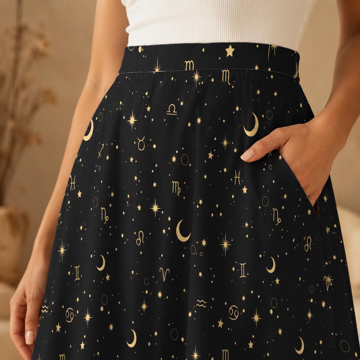 Celestial Midi Skirt, Black Zodiac Moon Star Print, High Waist A Line with Pockets