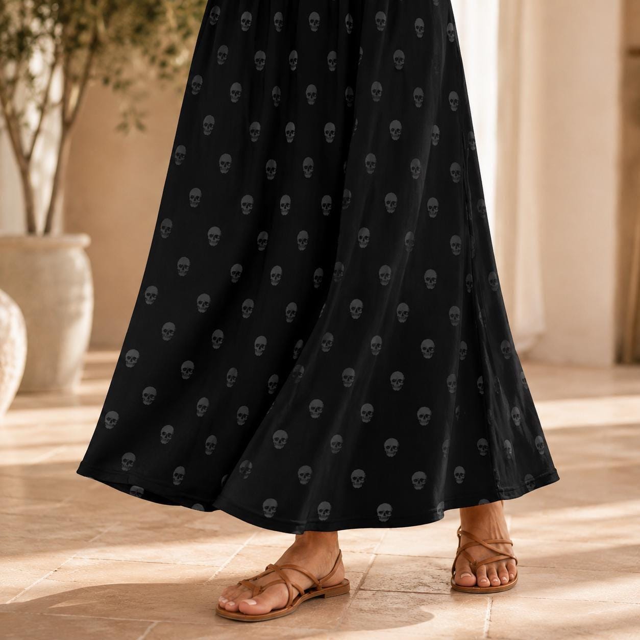 Black Skull Print Maxi Skirt, Tone-on-Tone Gothic A-Line Flowy Everyday Skirt