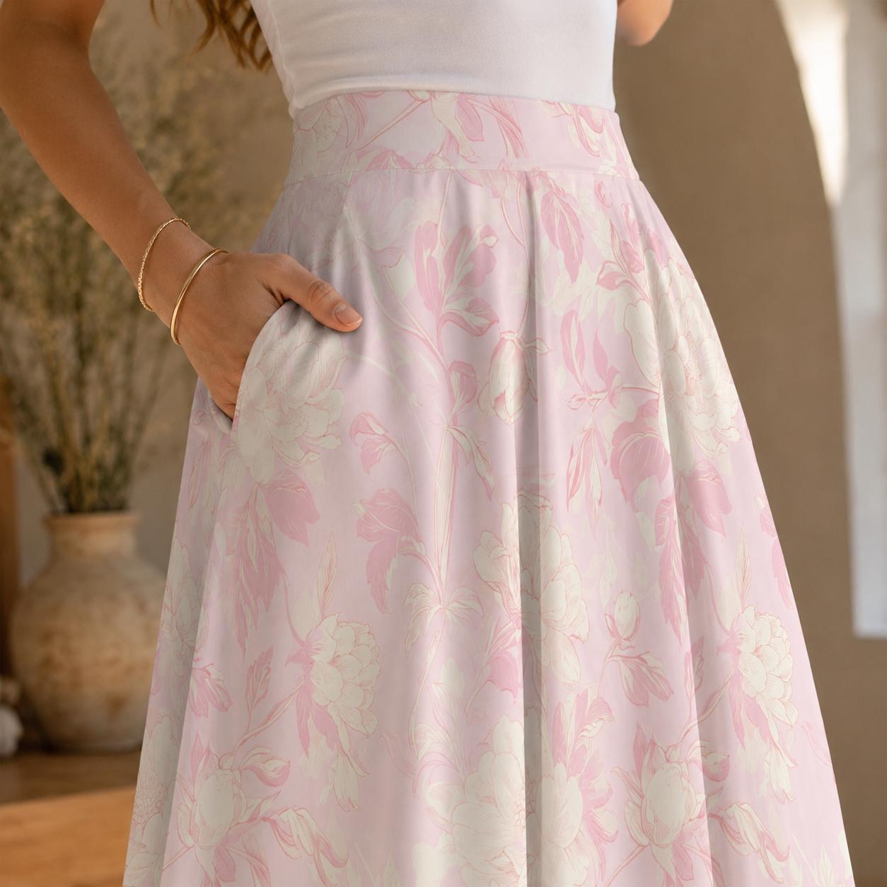Pink Floral Midi Skirt, Watercolor High Waist A Line, Coquette Style with Pockets