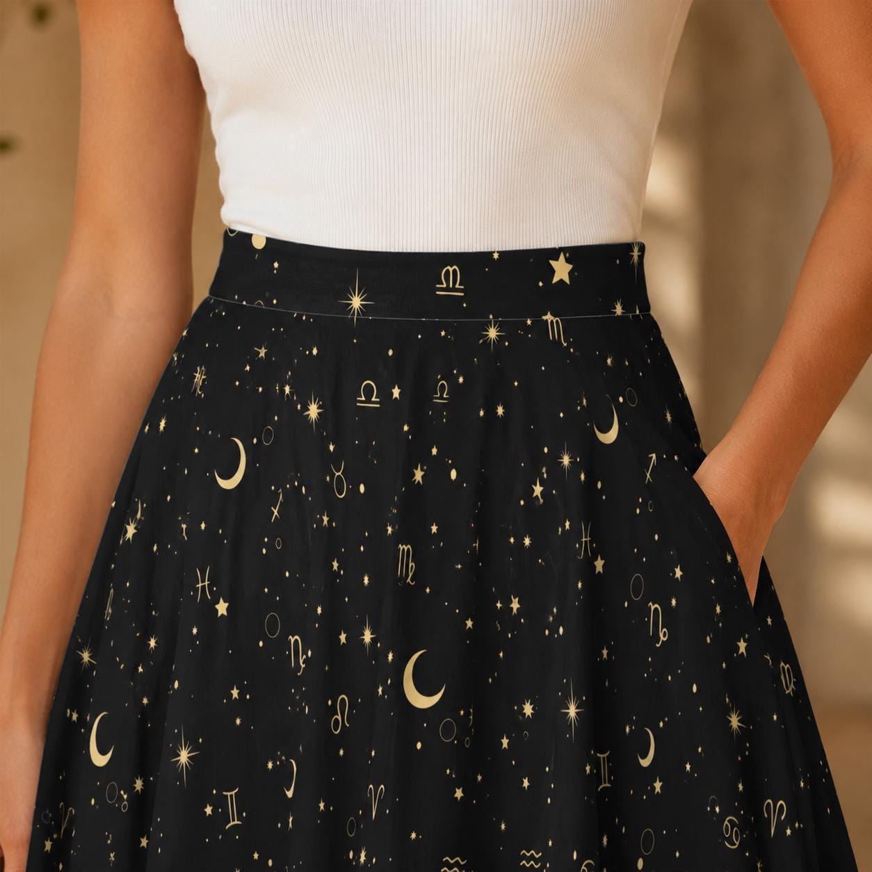 Celestial Midi Skirt, Black Zodiac Moon Star Print, High Waist A Line with Pockets