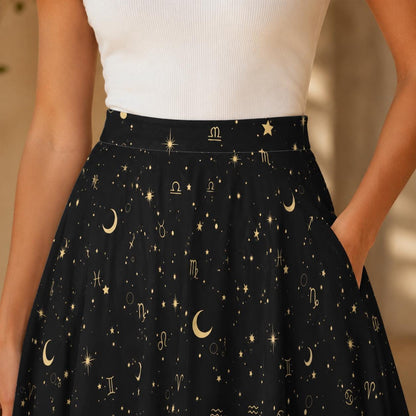 Celestial Midi Skirt, Black Zodiac Moon Star Print, High Waist A Line with Pockets