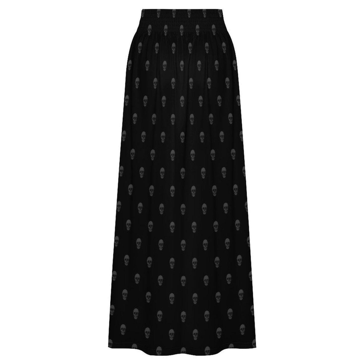 Black Skull Print Maxi Skirt, Tone-on-Tone Gothic A-Line Flowy Everyday Skirt