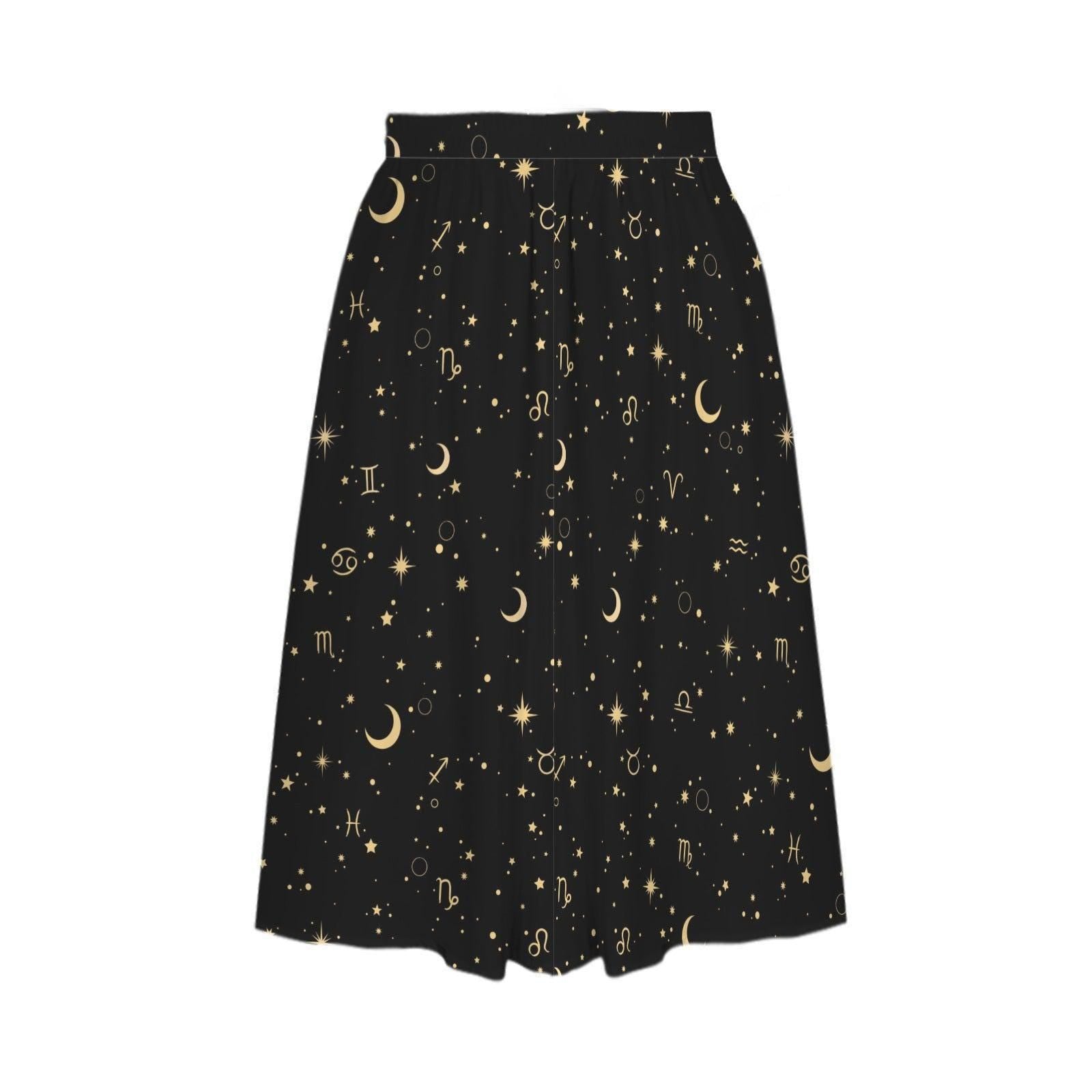 Celestial Midi Skirt, Black Zodiac Moon Star Print, High Waist A Line with Pockets