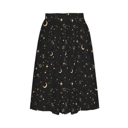 Celestial Midi Skirt, Black Zodiac Moon Star Print, High Waist A Line with Pockets