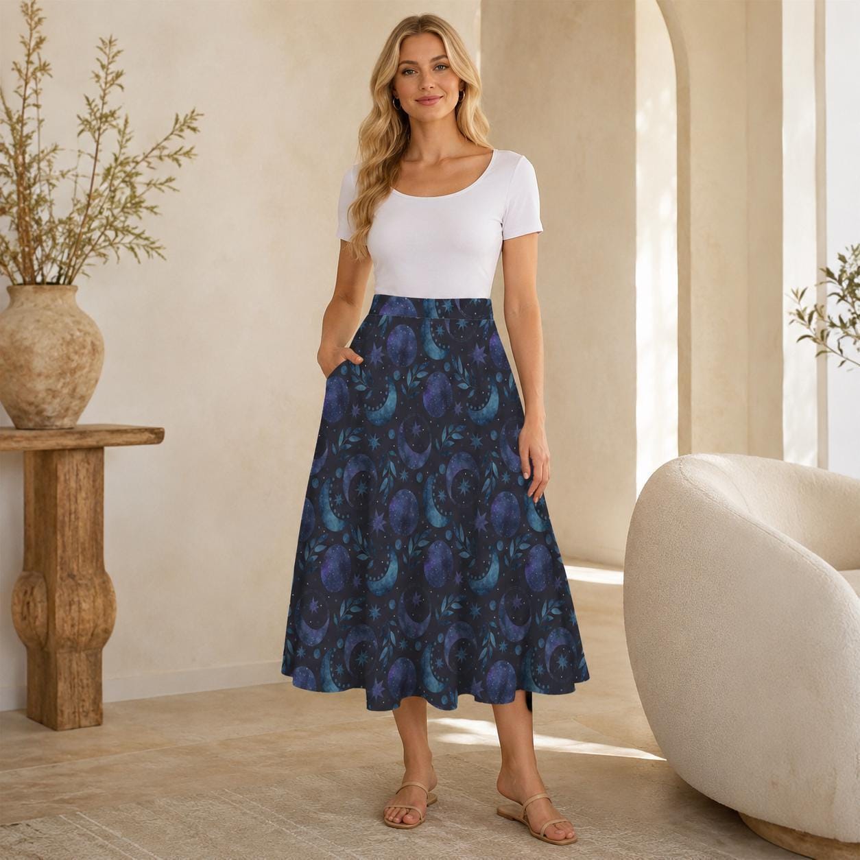 Navy Celestial Moon Maxi Dress, Sleeveless Lunar Vine Pockets