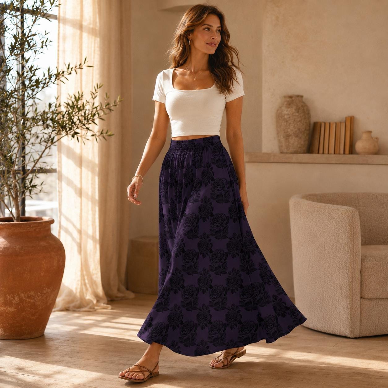 Dark Purple Rose Maxi Skirt, Black Floral High Waist Gothic Romantic Style