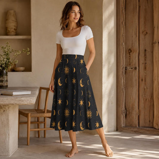 Celestial Midi Skirt, Gold Sun Moon Star Print, High Waist A Line, Witchy Cottagecore Style