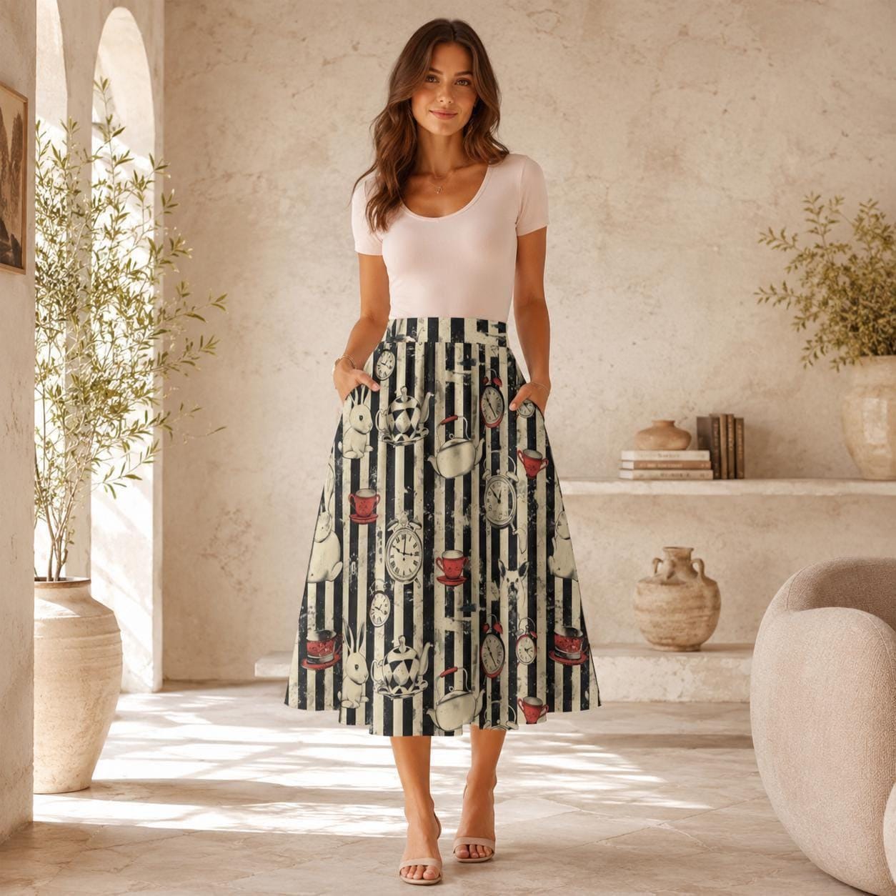 Storybook Rabbit Clock Print Midi Skirt, Black Stripe A-Line Cottagecore Style