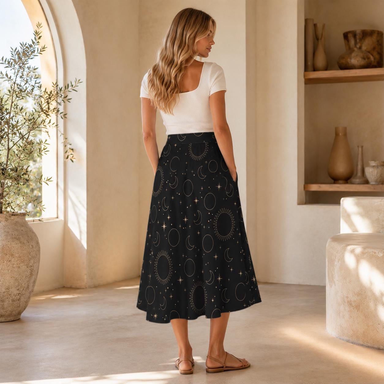 Celestial Midi Skirt, Black Sun Moon Star Print, High Waist Witchy Skirt