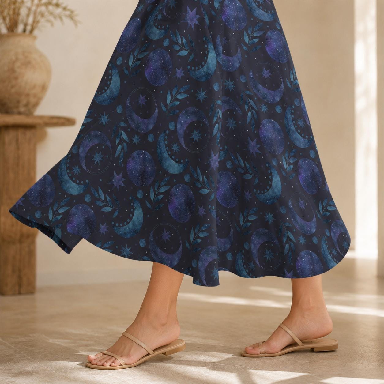 Navy Celestial Moon Maxi Dress, Sleeveless Lunar Vine Pockets
