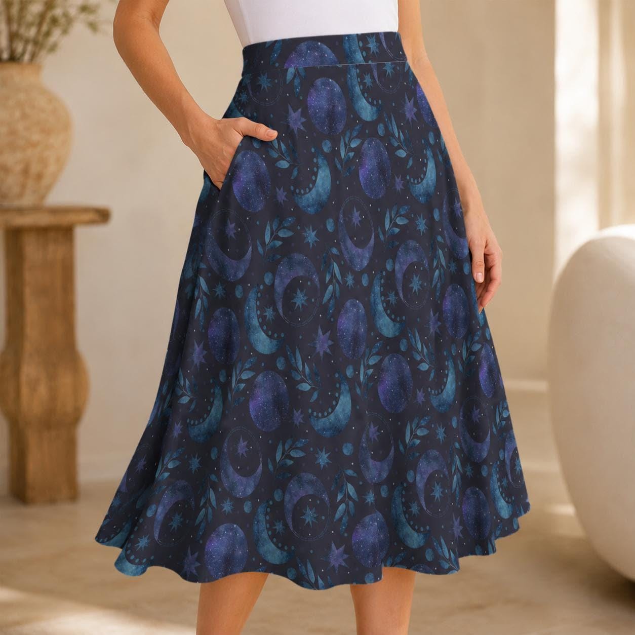 Navy Celestial Moon Maxi Dress, Sleeveless Lunar Vine Pockets