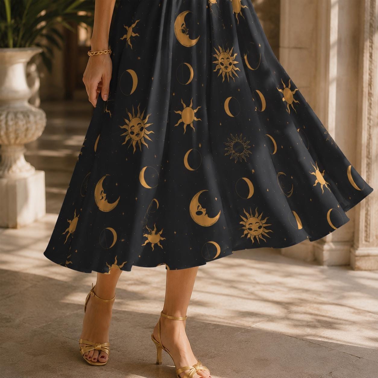 Celestial Midi Skirt, Gold Sun Moon Star Print, High Waist A Line, Witchy Cottagecore Style