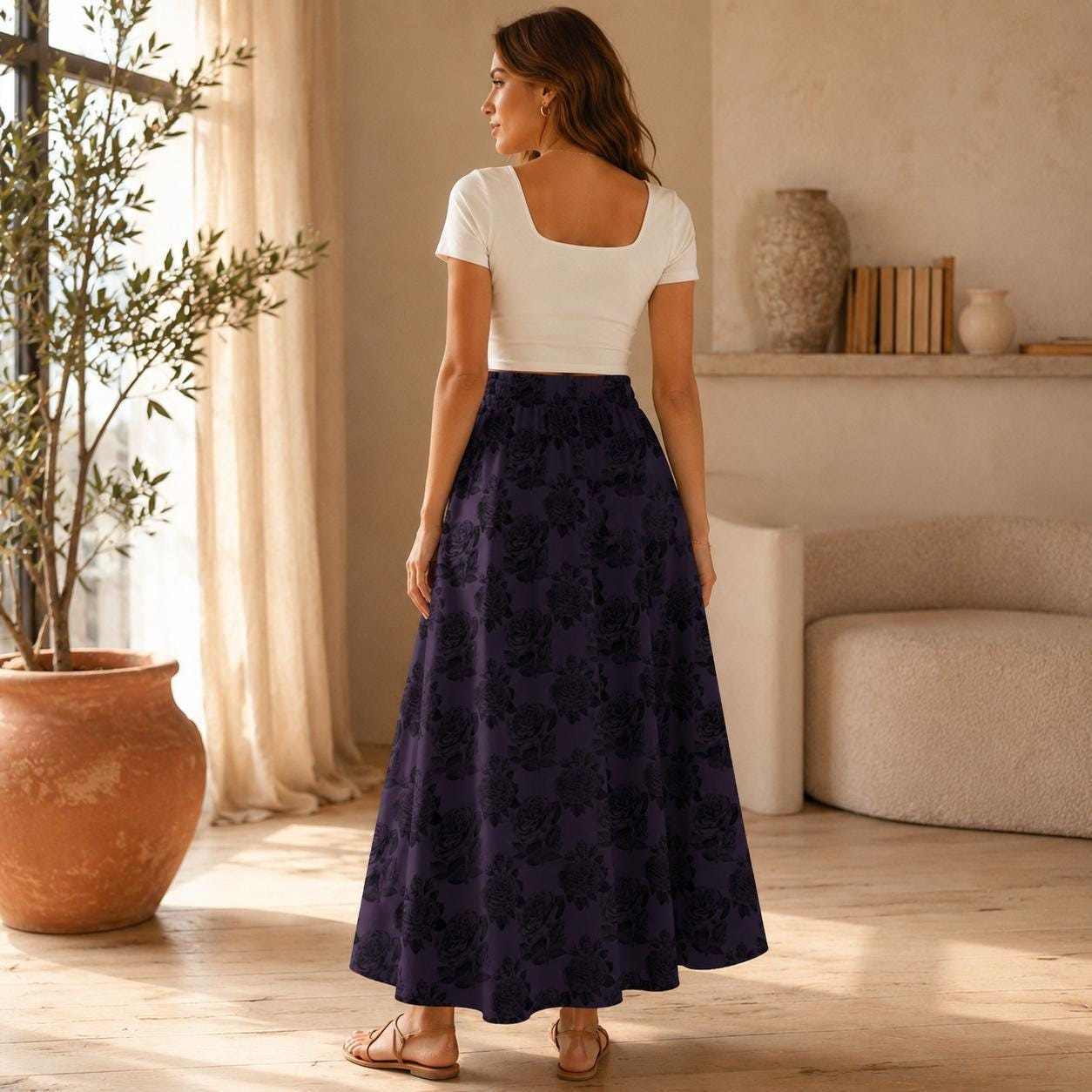 Dark Purple Rose Maxi Skirt, Black Floral High Waist Gothic Romantic Style