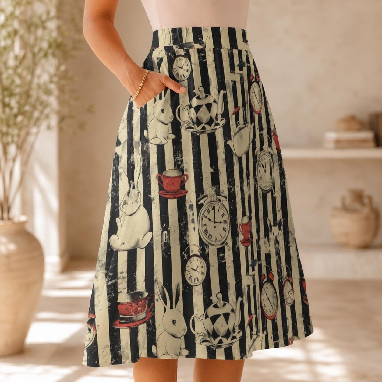 Storybook Rabbit Clock Print Midi Skirt, Black Stripe A-Line Cottagecore Style