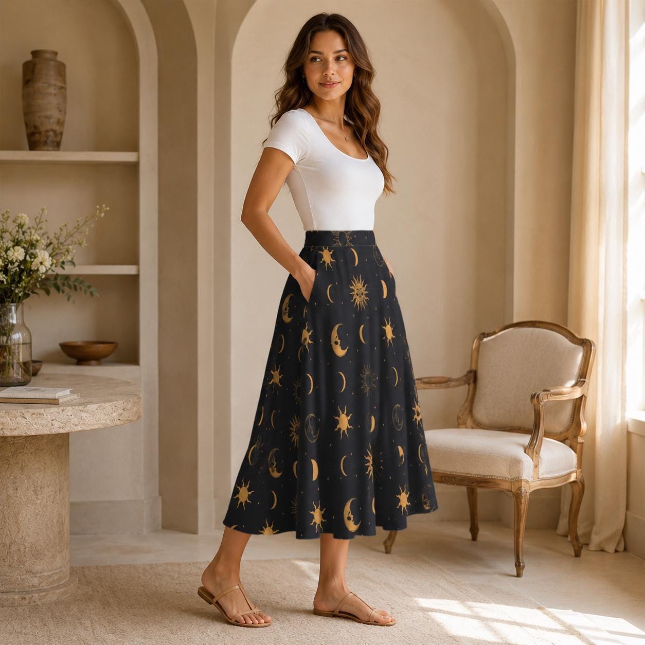 Celestial Midi Skirt, Gold Sun Moon Star Print, High Waist A Line, Witchy Cottagecore Style