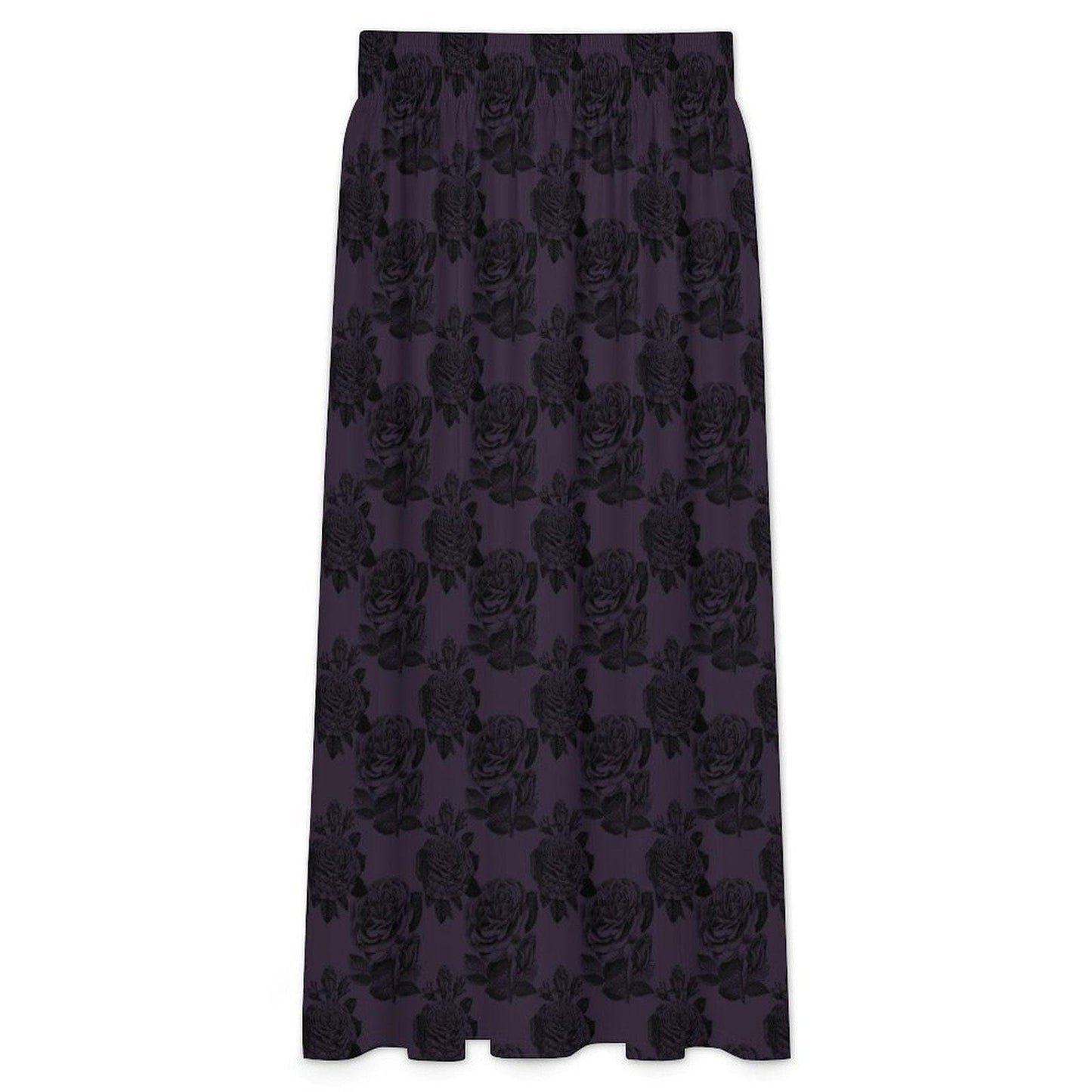Dark Purple Rose Maxi Skirt, Black Floral High Waist Gothic Romantic Style