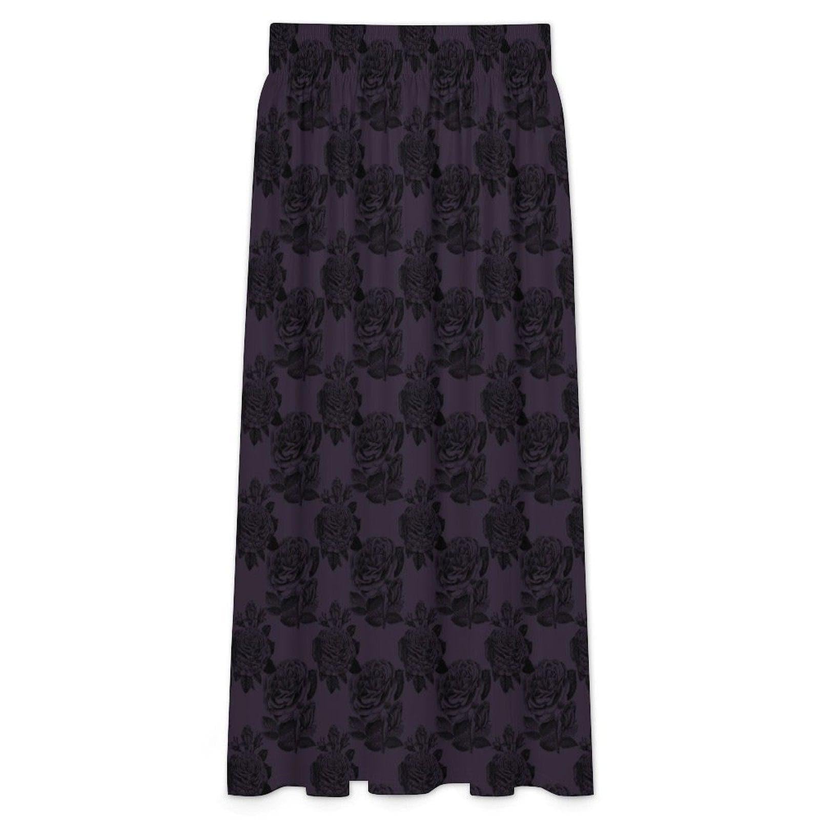 Dark Purple Rose Maxi Skirt, Black Floral High Waist Gothic Romantic Style